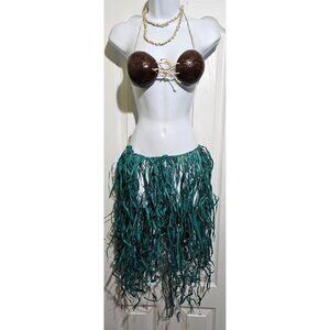 Hawaiian Hula Costume Coconut Bra Grass Skirt Lei Shell Necklace Luau Tropical